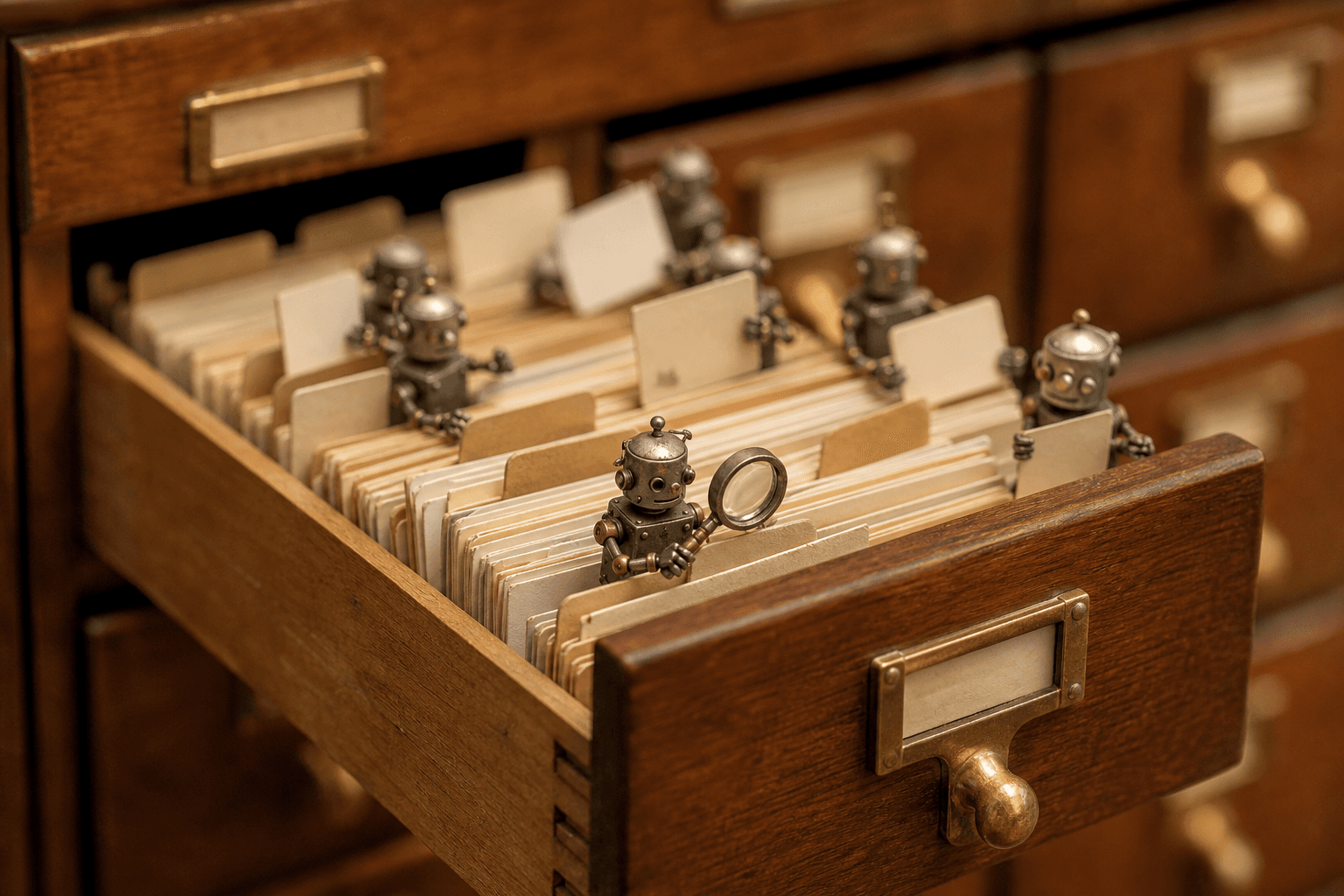 Tiny robots inside an open card-catalog drawer sorting paper files, one holding a magnifying glass.