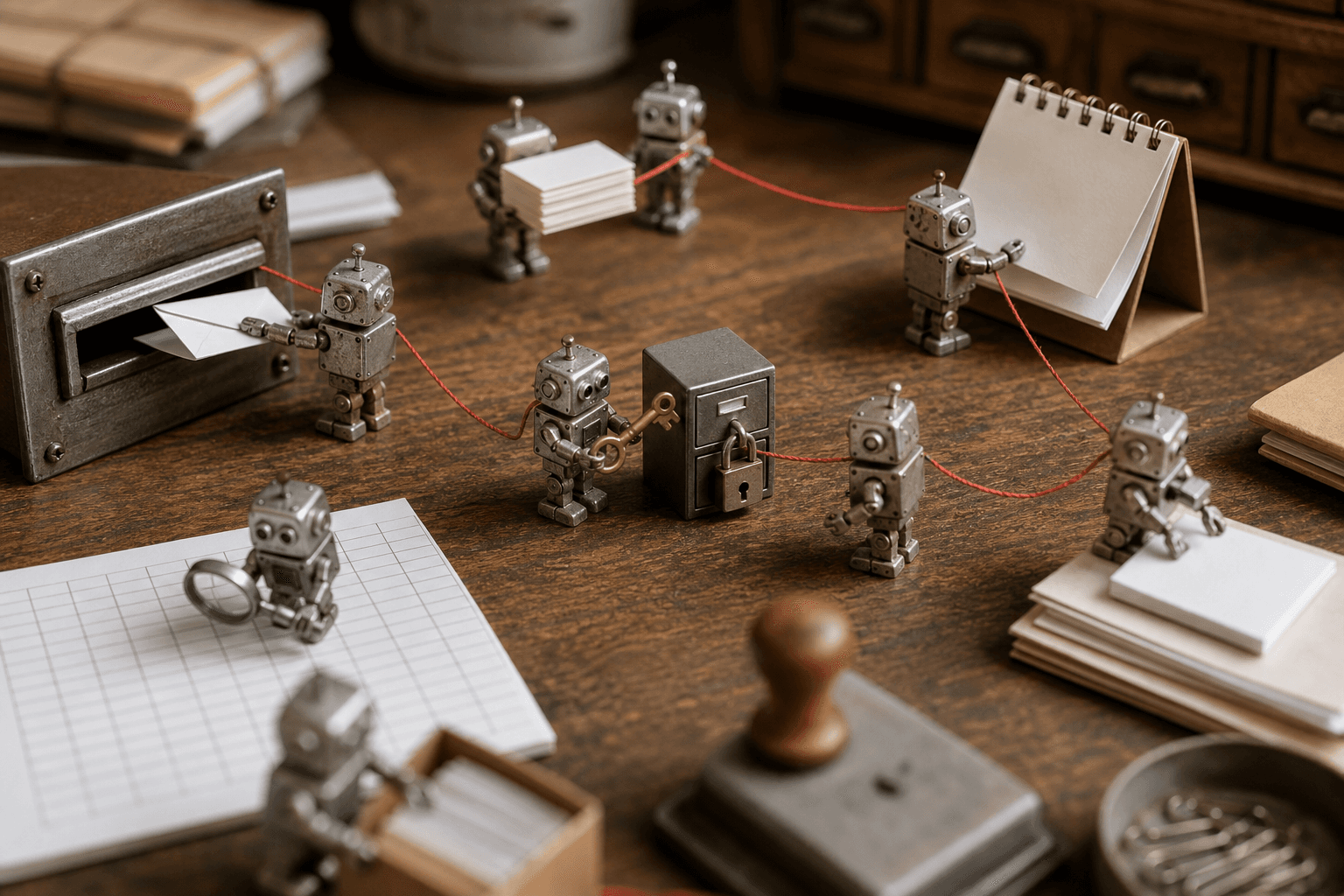 Tiny metal robots on a desk passing blank letters, cards, a grid sheet and calendar page, linked by red thread