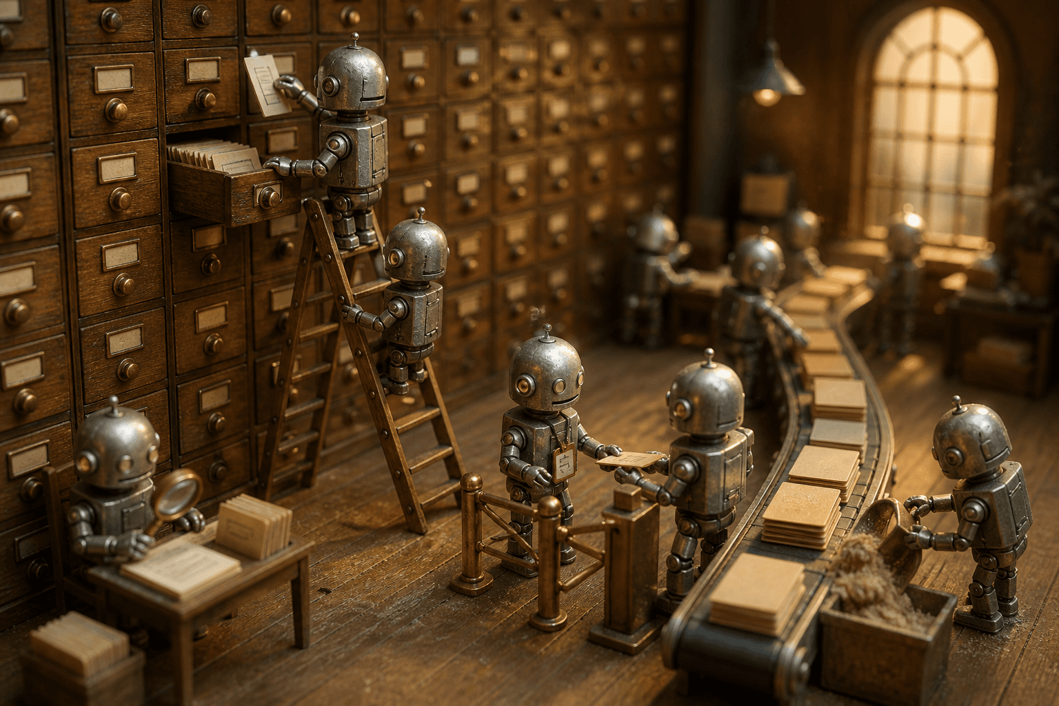 Tiny robots in a miniature archive pulling index cards, checking badges at a gate, and sorting fresh from dusty folders