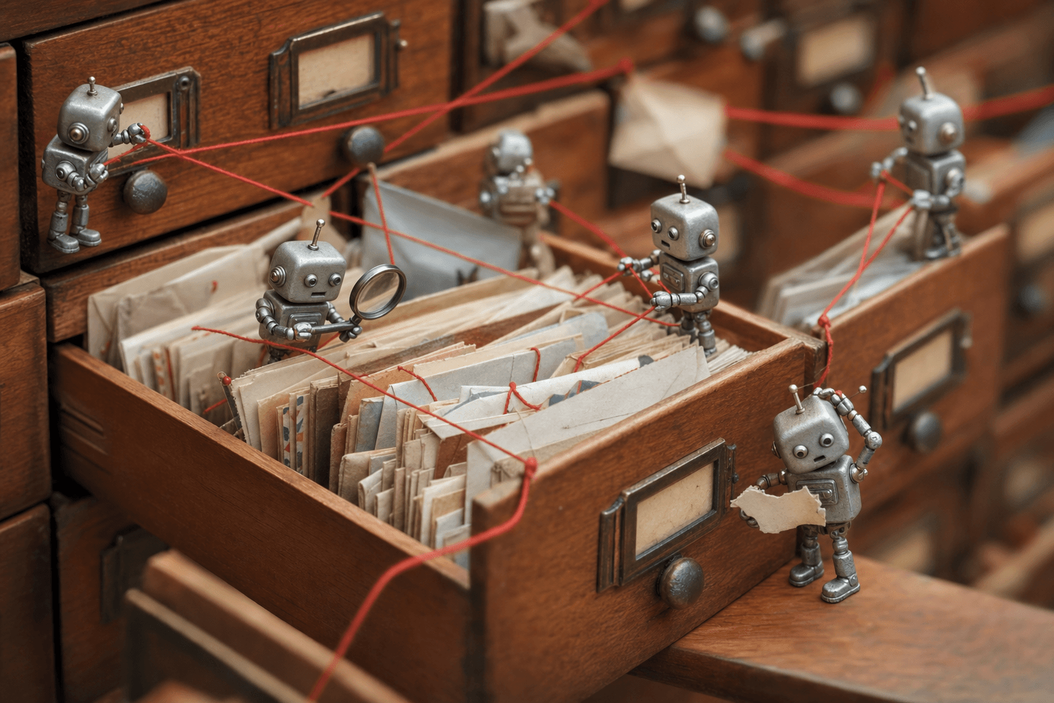 Tiny robots inside a card-catalog drawer of letters, linking envelopes with red string while one holds a torn scrap.