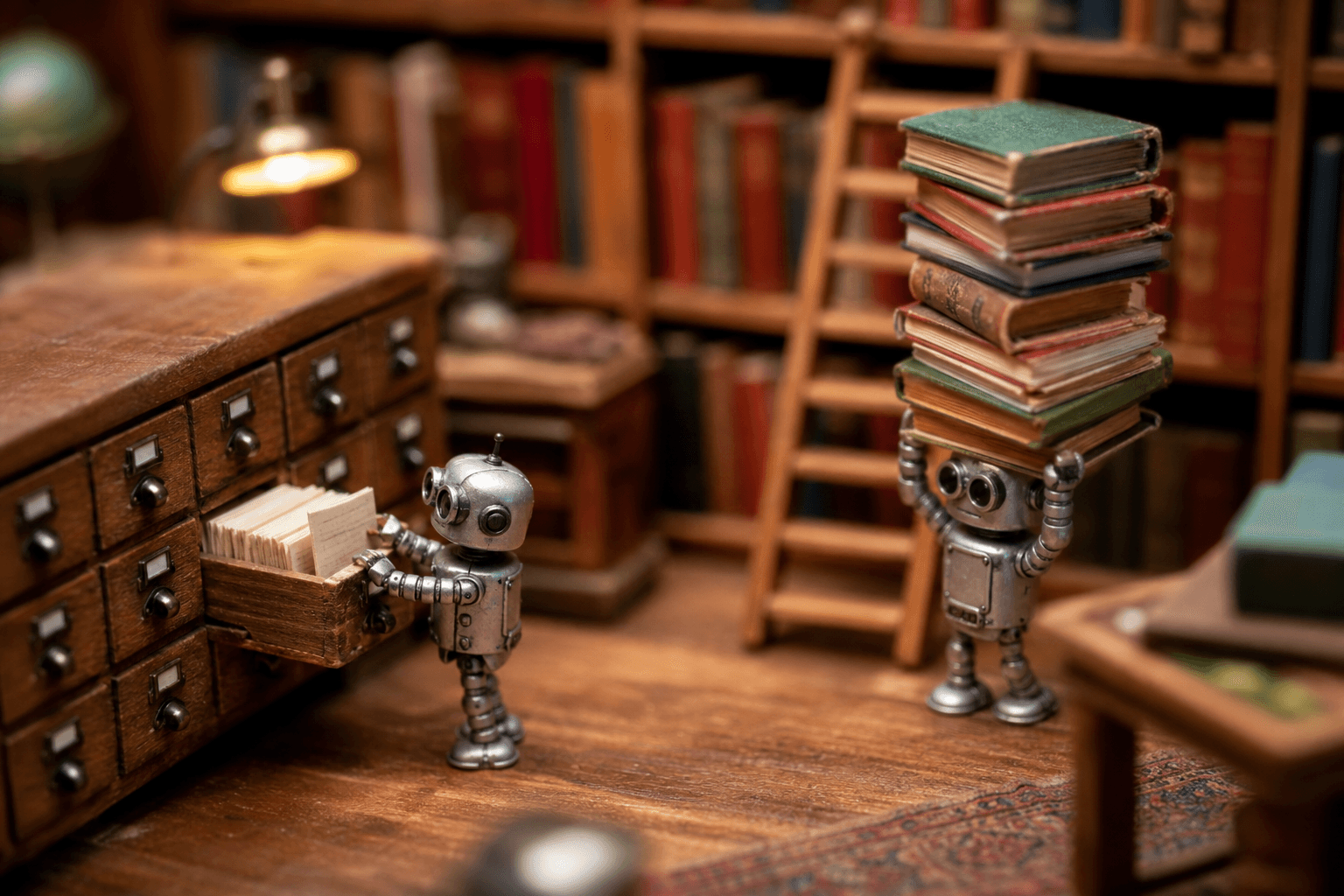Tiny robots in a miniature library, one pulling a card from a catalog while another buckles under an oversized stack of