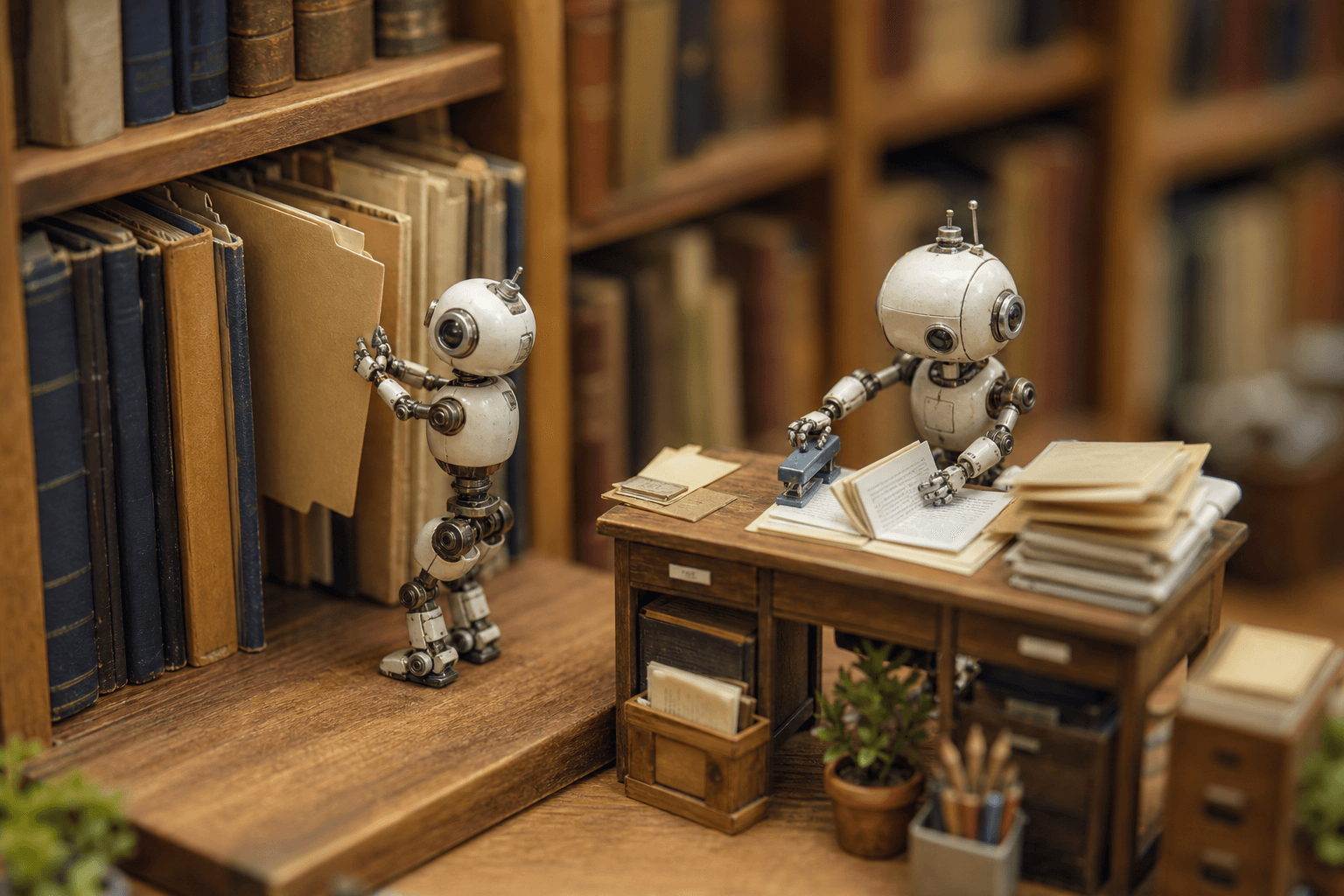 Two tiny robots on a bookshelf: one pulls out a single folder, the other combines several folders into one booklet.