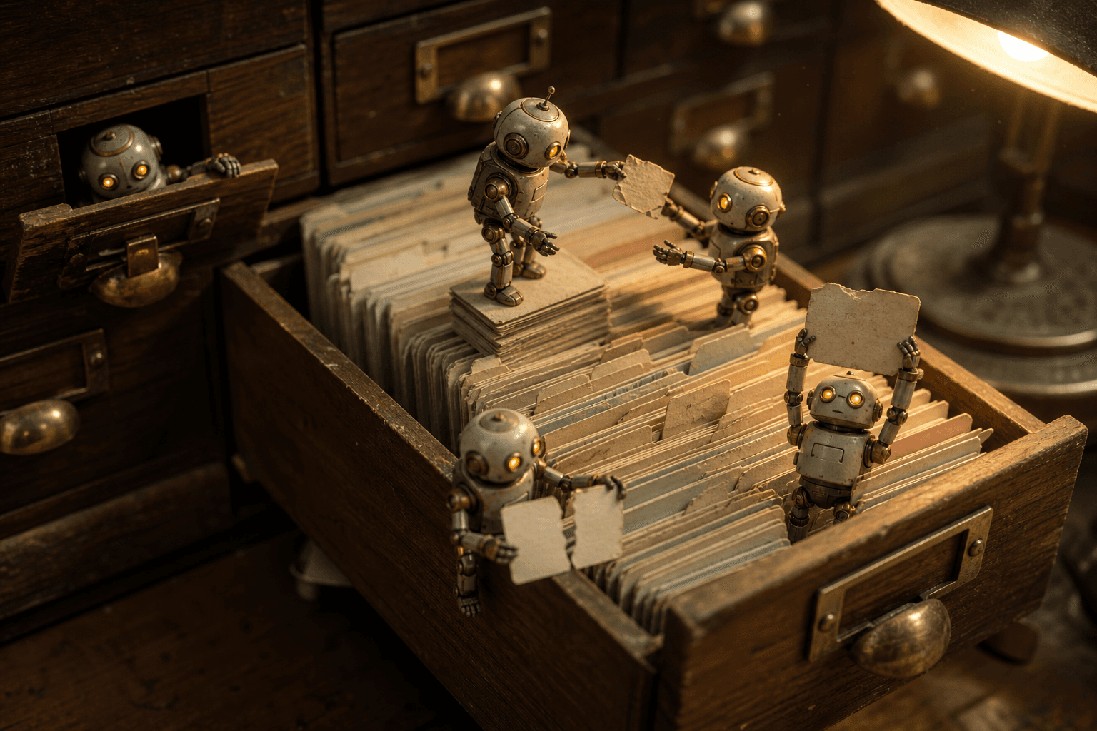 Tiny retro robots sorting blank index cards inside an open vintage card catalog drawer under warm lamplight.