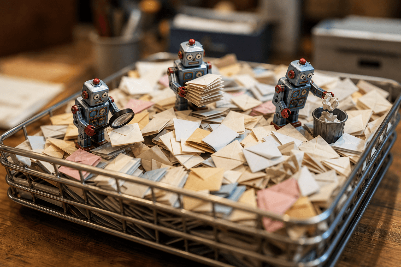 Tiny tin robots sorting, inspecting, and discarding folded paper letters in an overflowing wire inbox tray.