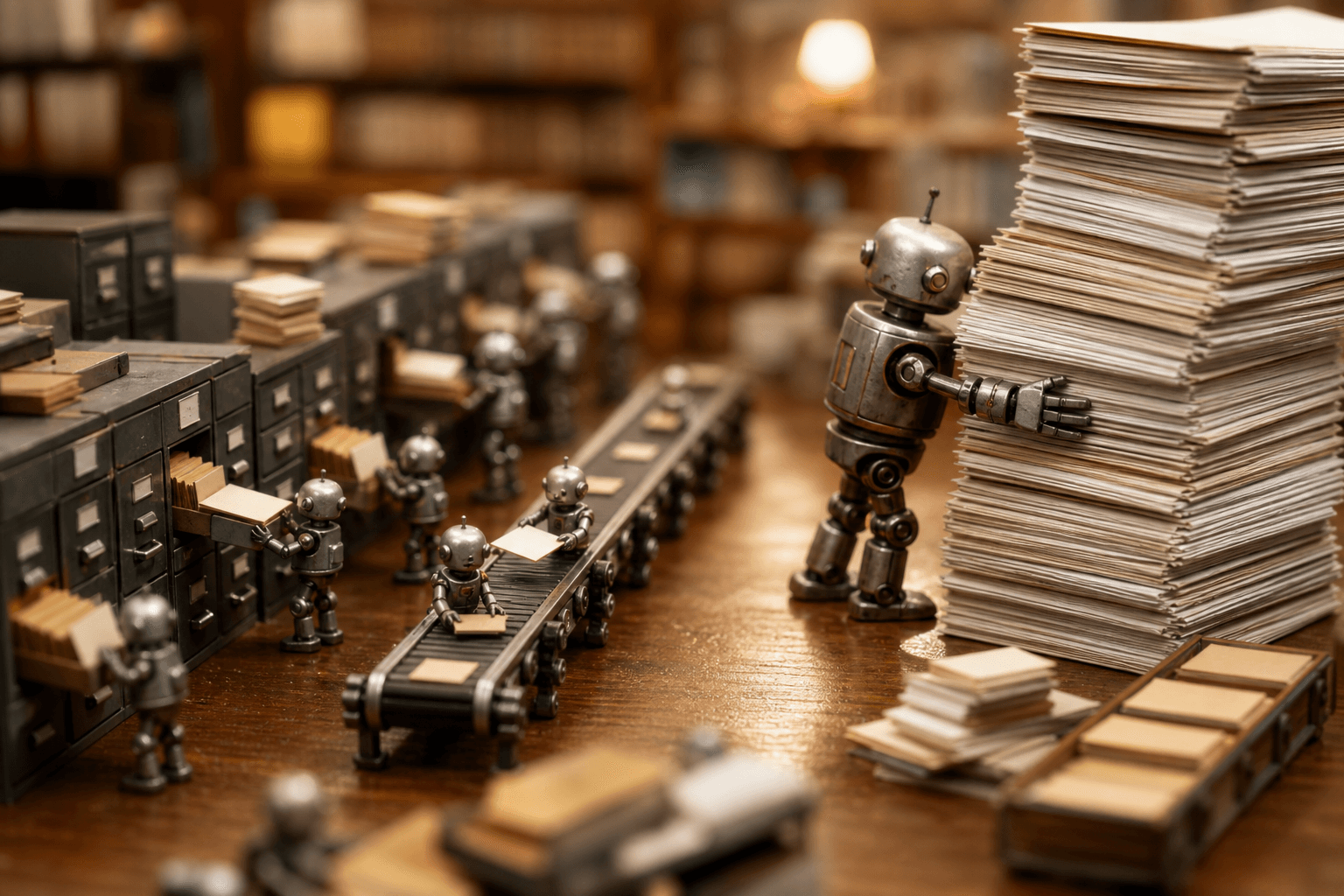 Tiny robots pulling single index cards from cabinets beside a robot hugging a giant stack of papers.