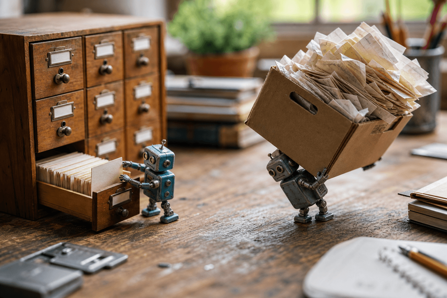 Tiny robot picks one card from a mini card catalog while another tiny robot hauls a huge overstuffed box of papers.