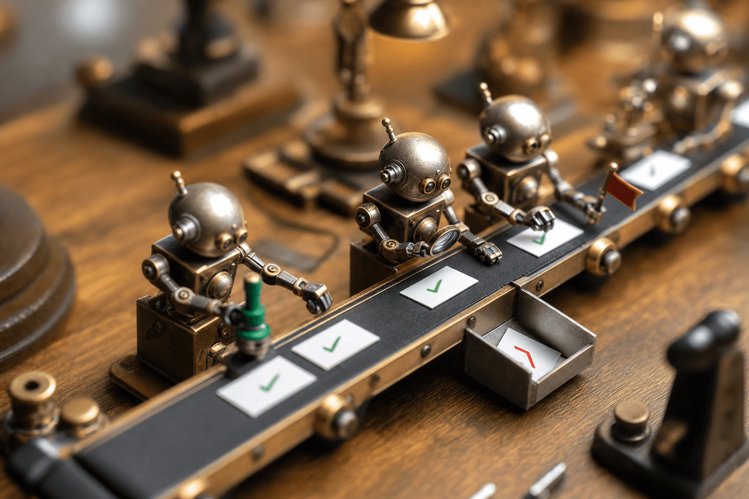 Tiny brass robots on a desktop conveyor line inspecting and sorting small cards, one approving, one rejecting