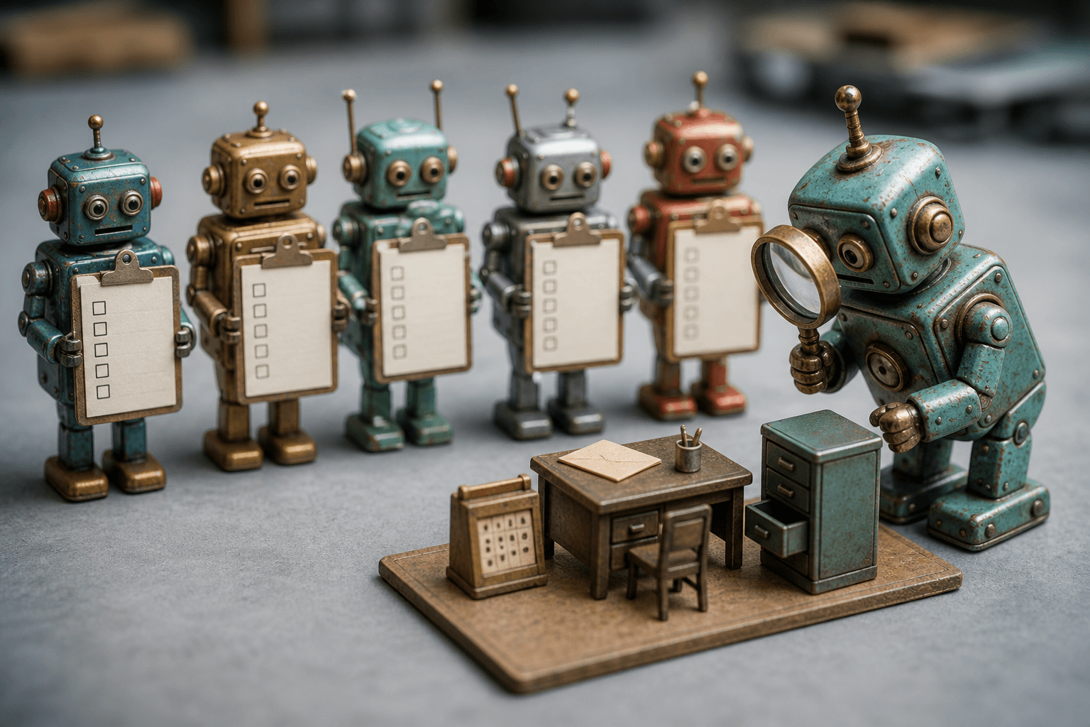 Tiny tin robots holding blank clipboards while an inspector robot examines a miniature office desk with a magnifying gla