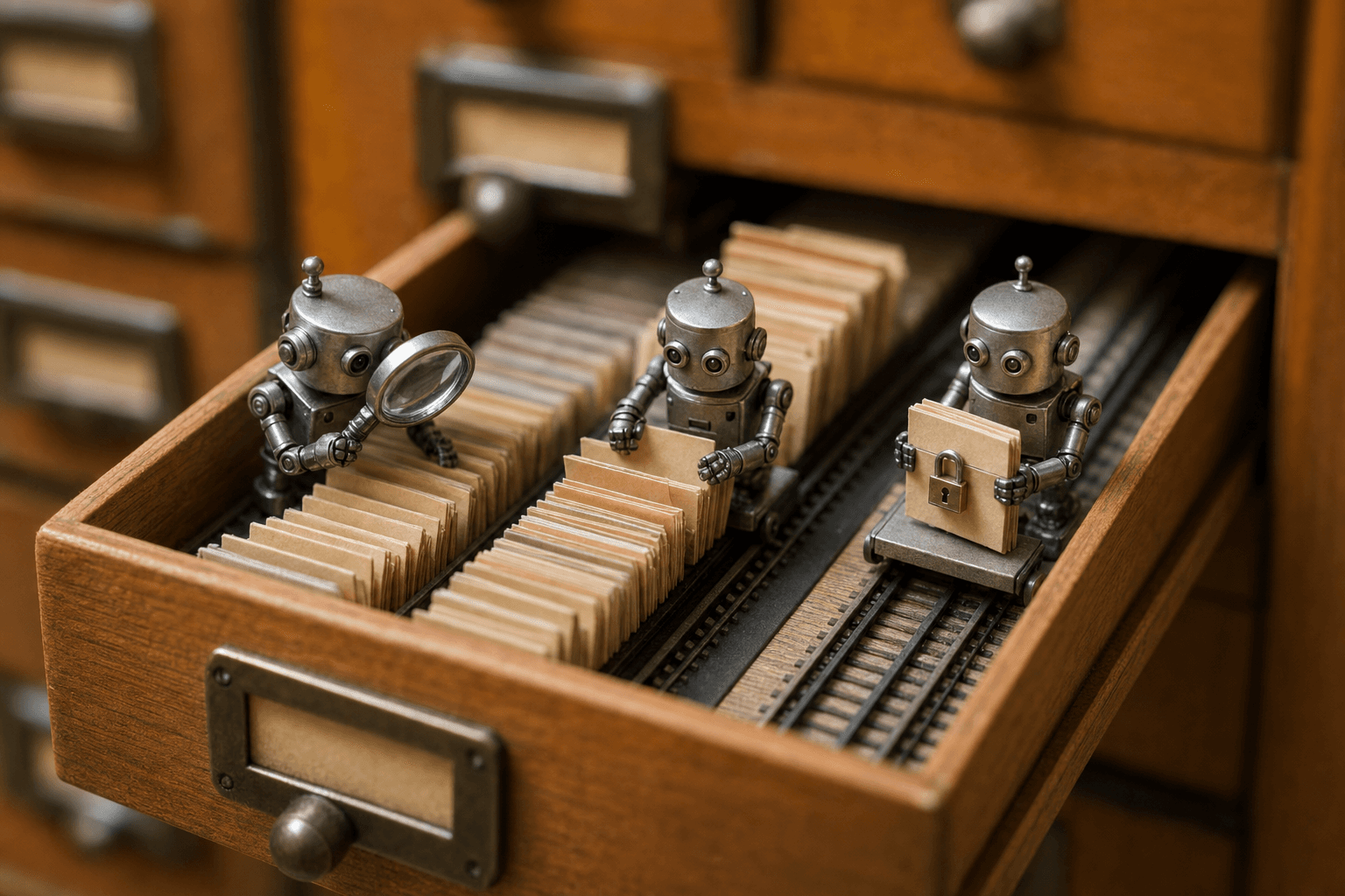 Tiny metal robots sorting miniature paper folders inside an open wooden card catalog drawer, one holding a magnifying gl