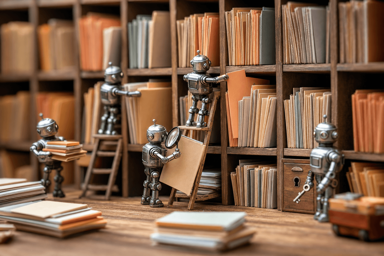 Tiny robots sorting physical file folders into cubbyholes while one guards a small locked drawer with a key