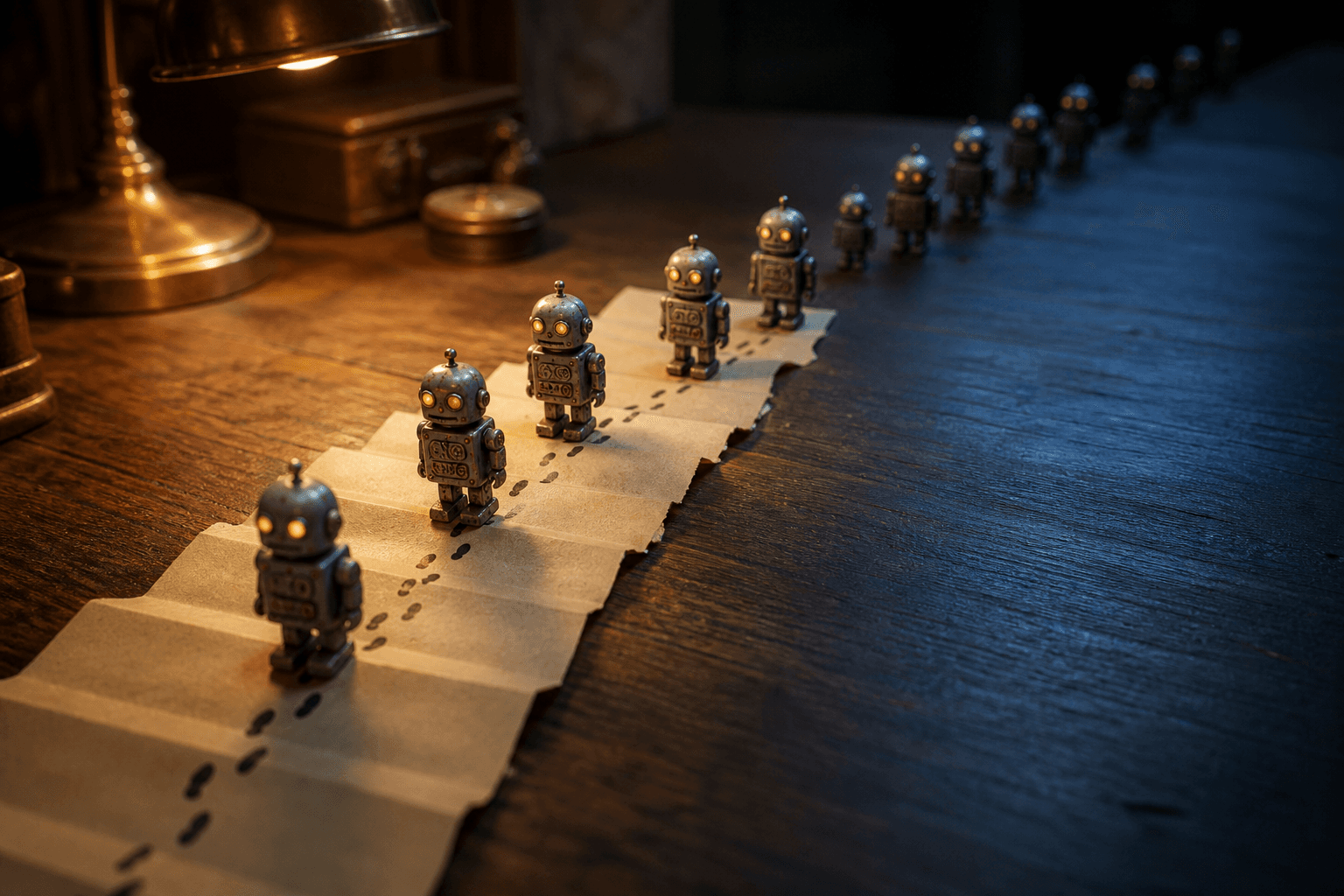 Tiny tin robots march along a paper ledger leaving footprints, then off its torn edge into shadow, leaving no trace.