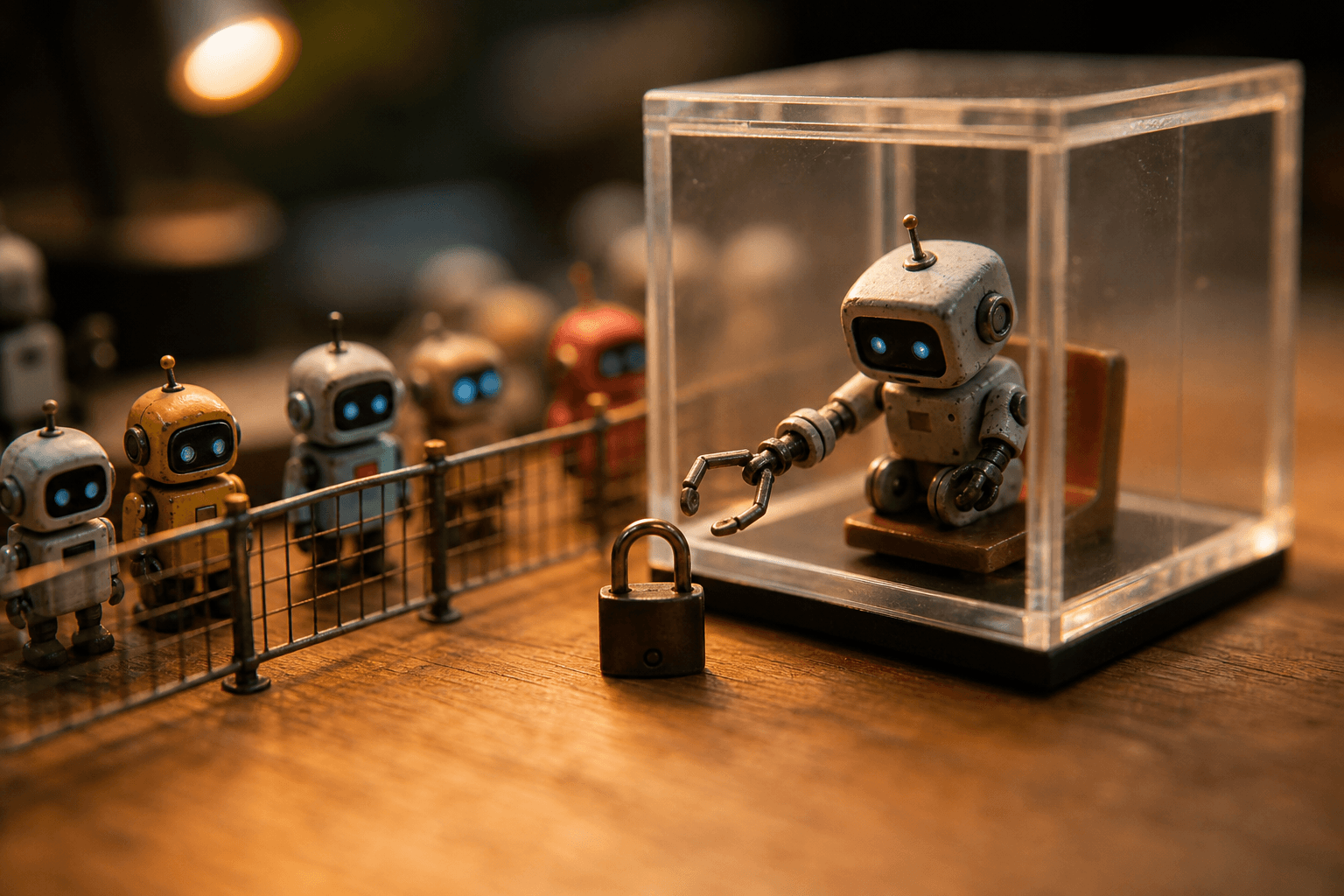 A tiny toy robot inside a clear acrylic box reaching toward a padlock, other small robots fenced off behind it.