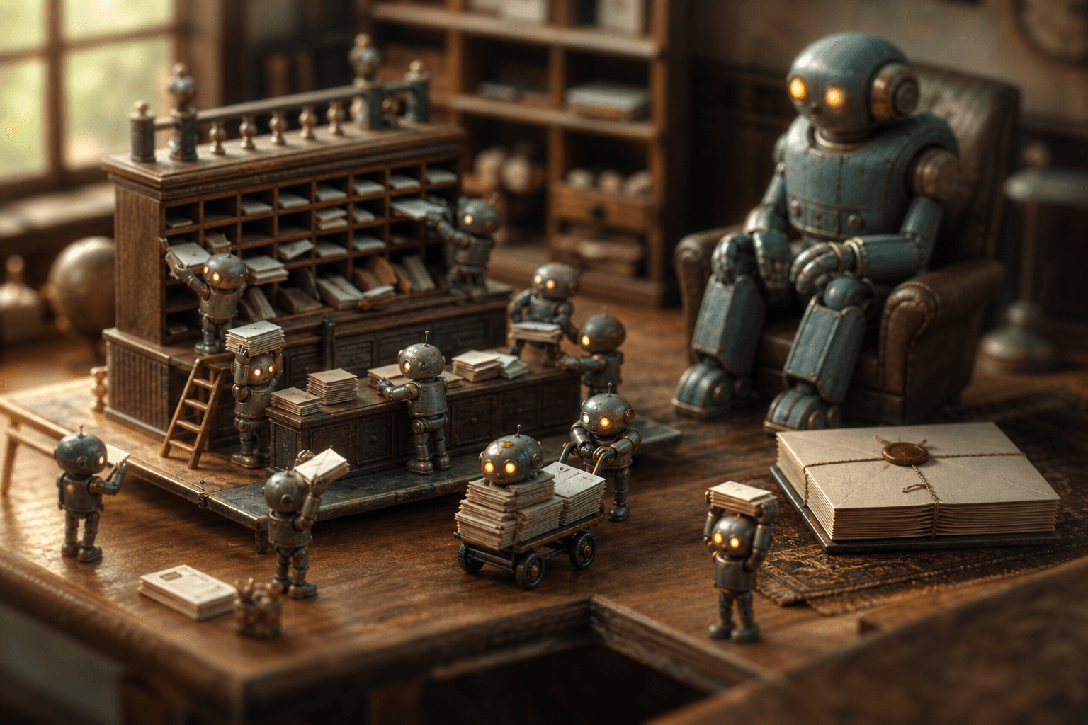 Tiny robots rapidly sorting envelopes into pigeonholes while one large robot sits idle in the background