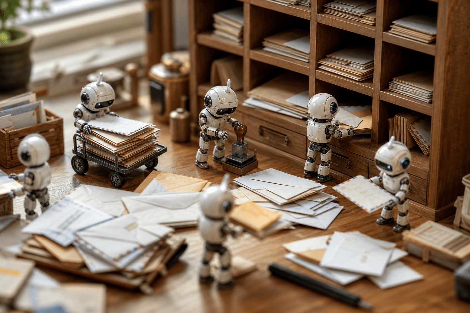 Tiny robots on a desk sorting paper envelopes into small wooden cubbyholes in warm light