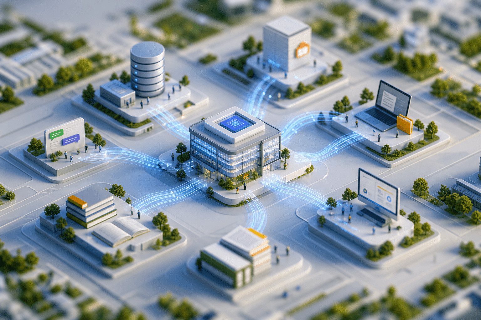Data streams from emails, documents, calendars converging into unified sphere