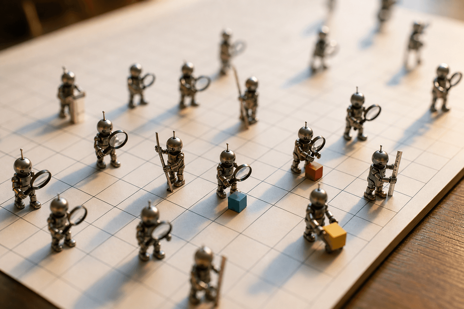 Tiny metal robots standing in the squares of a physical grid, moving small colored blocks between cells.