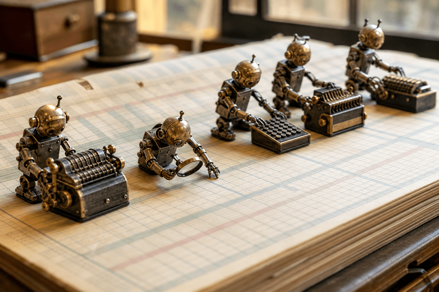 Tiny brass robots on a giant paper ledger operating mechanical calculators, one inspecting a cell with a magnifier.