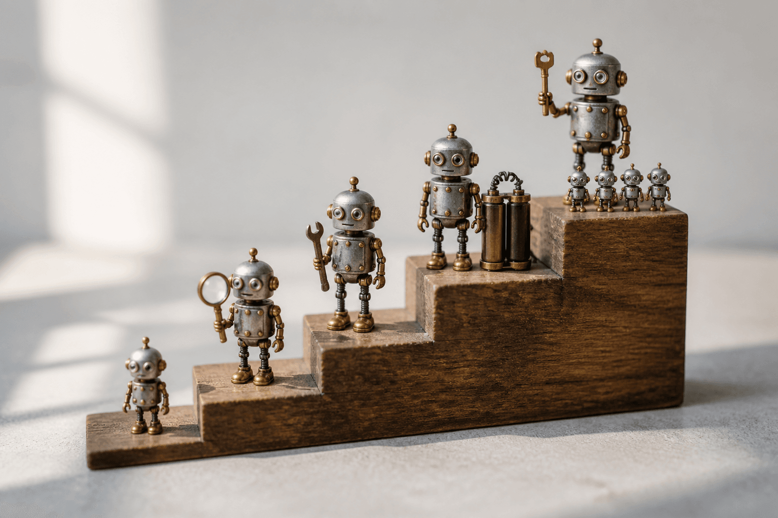 Five tiny metal robots on ascending wooden steps, each holding progressively bigger tools, tallest with helpers