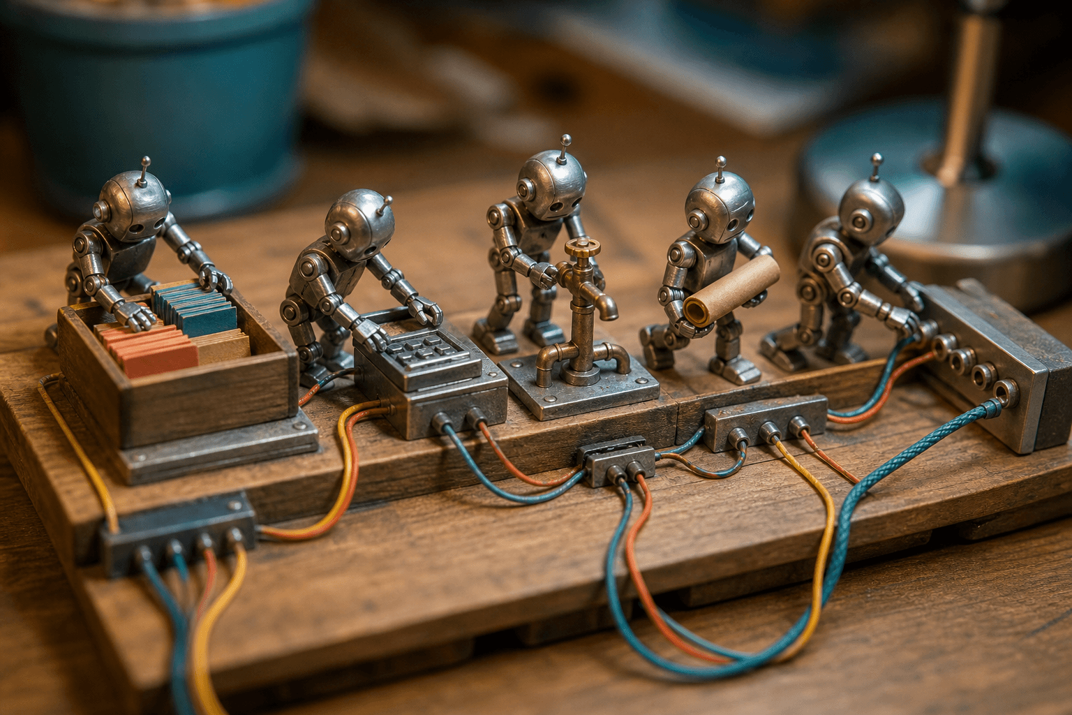 Five thumb-sized metal robots on a miniature workbench, each doing a different task, linked by colored cables