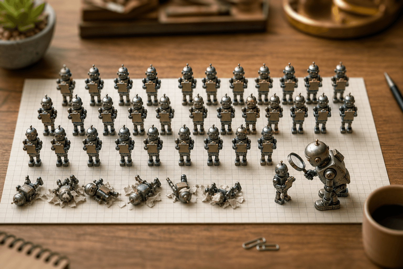 Top-down photo of fifty tiny robots in rows on graph paper, some fallen over, one larger robot inspecting one with a mag