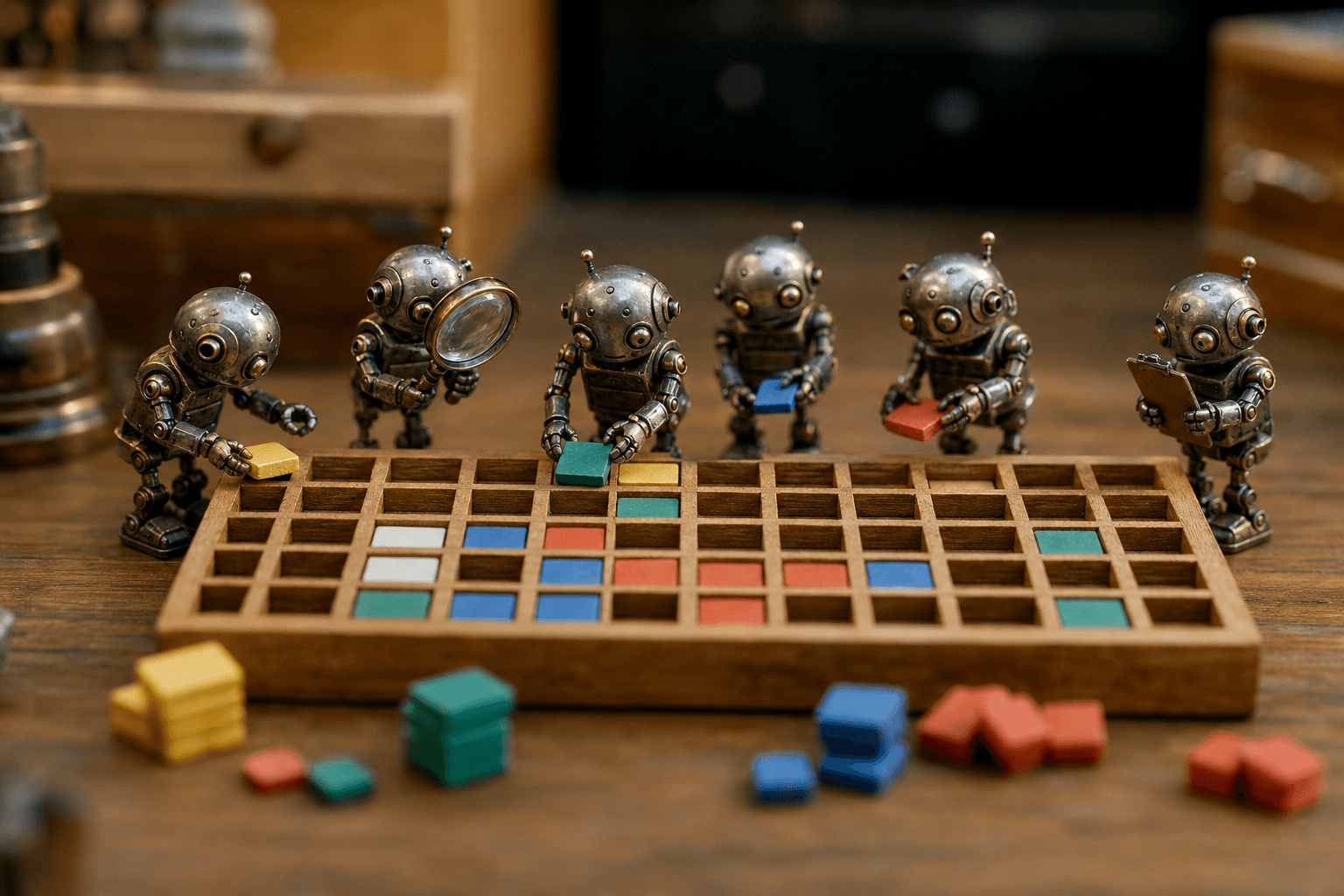 Tiny robots placing colored tiles into a wooden grid like a physical spreadsheet, one inspecting with a magnifier.