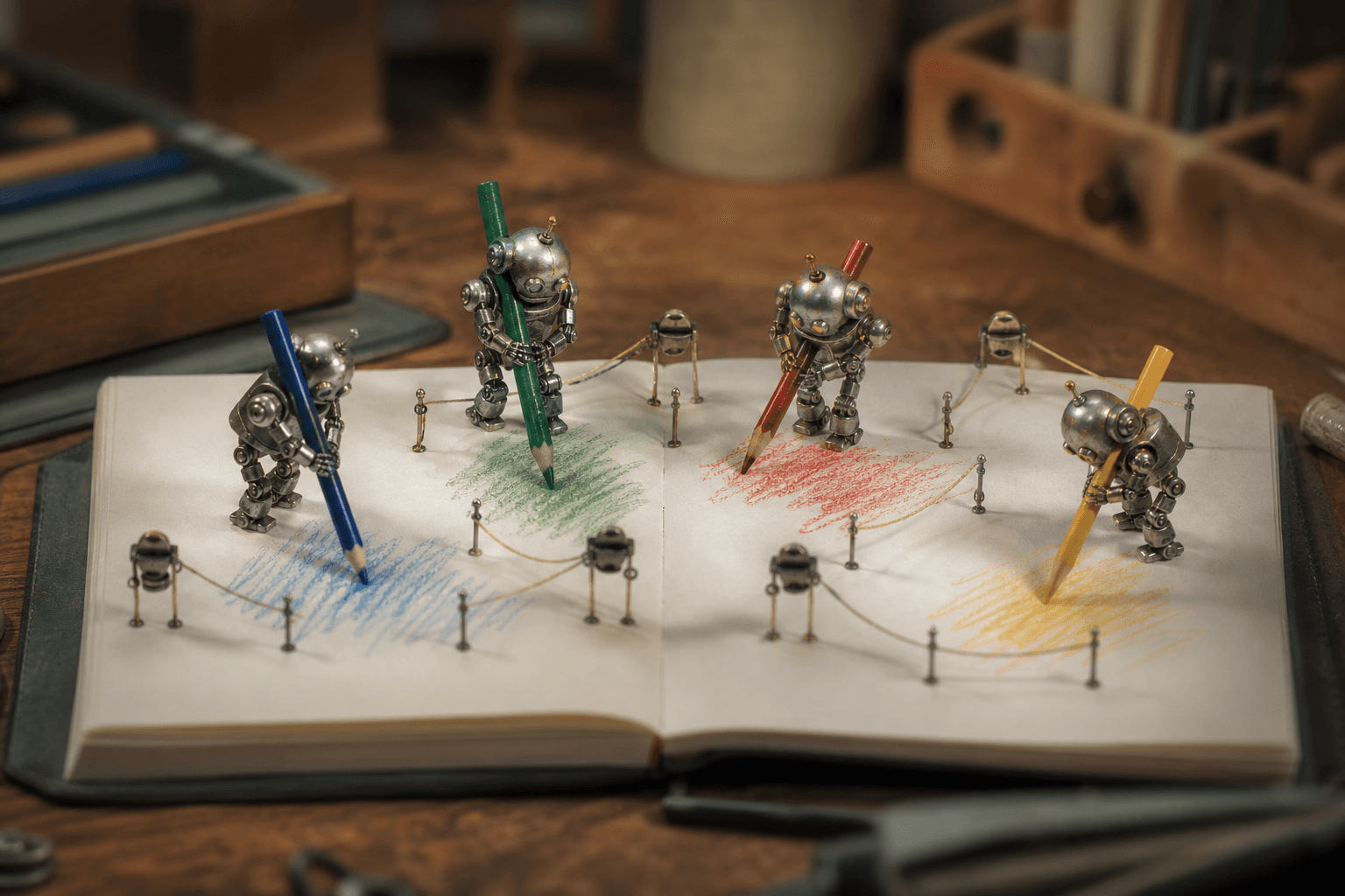 Tiny robots with colored pencils editing separate sections of one paper page divided by small ropes.