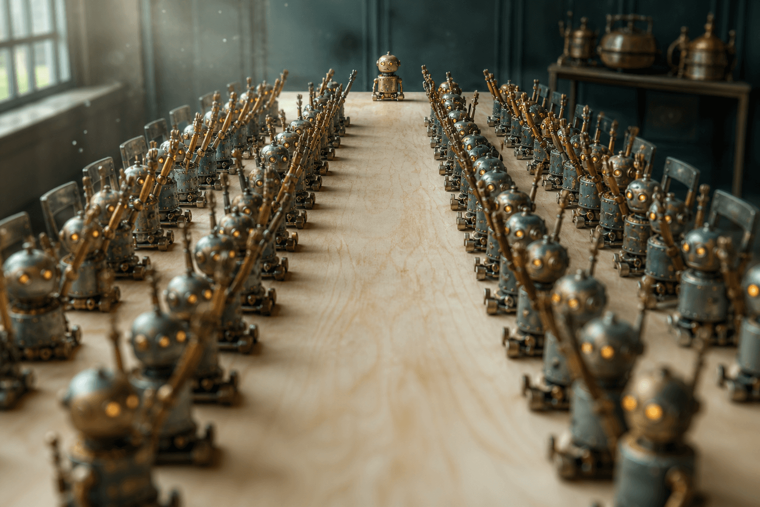 Hundreds of tiny tin robots on a table raise one arm in unison while a single dented robot keeps its arm down.