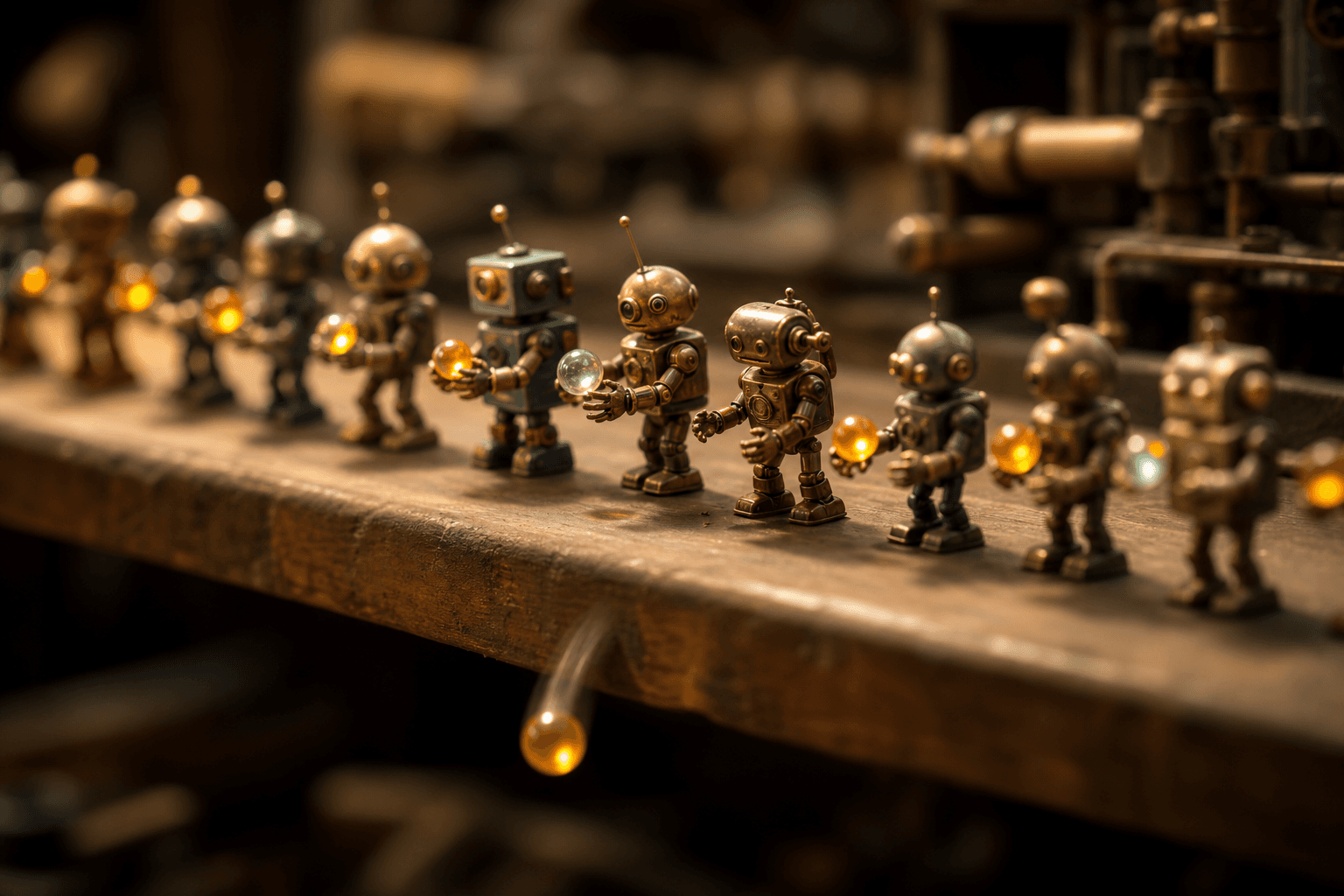 A line of tiny toy robots passing glowing marbles down a workbench, with one robot dropping its marble mid-chain.