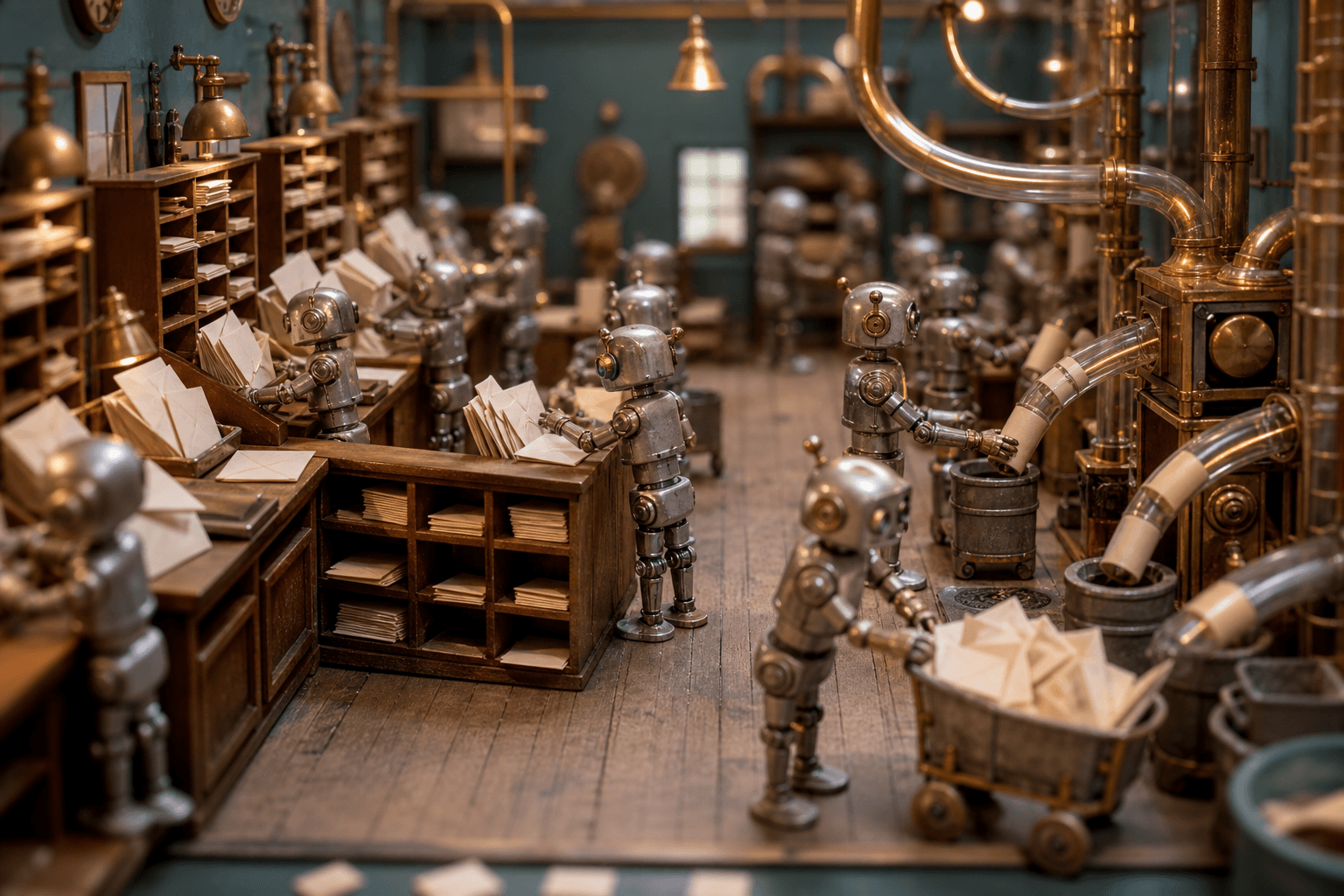 Macro photo of a miniature mail room where tiny robots sort blank envelopes and load brass pneumatic tubes.