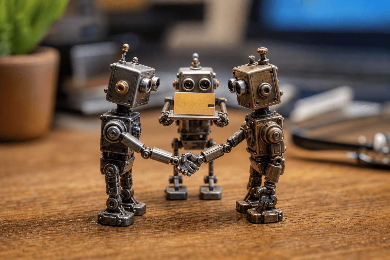 Two tiny metal robots shaking hands on a desk while a third holds up a small brass keycard.