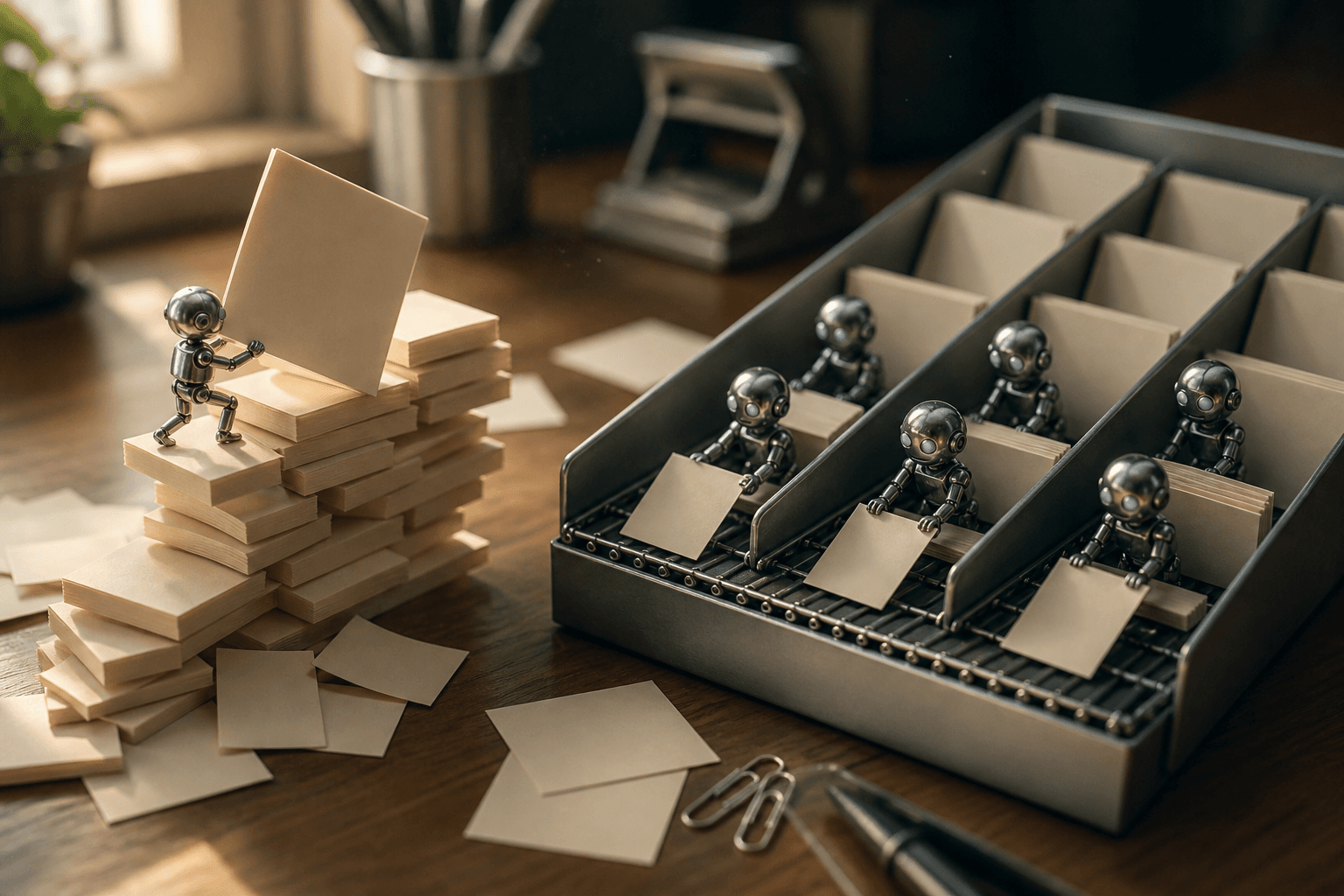 One tiny robot struggling to carry a large blank page up a stack of notes while five tidy robots pass a folder along a p