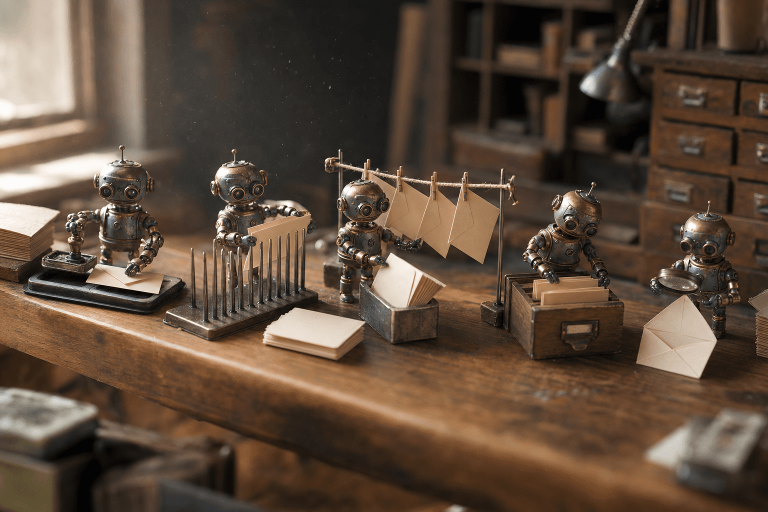 Tiny brass robots on a wooden desk stamping, filing, and inspecting blank envelopes on a mail sorting line