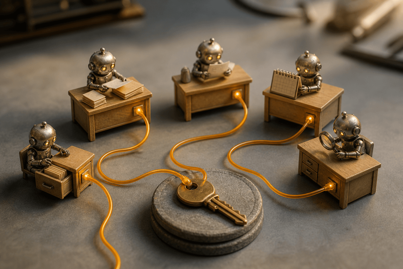 Five tiny robots at miniature desks handling mail, files, documents and a calendar, linked by one glowing cable to a sin