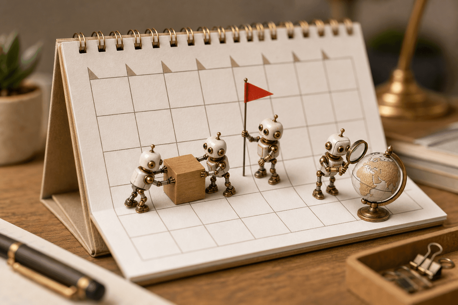 Tiny robots arranging wooden meeting blocks on a physical paper calendar grid, one raising a red flag.