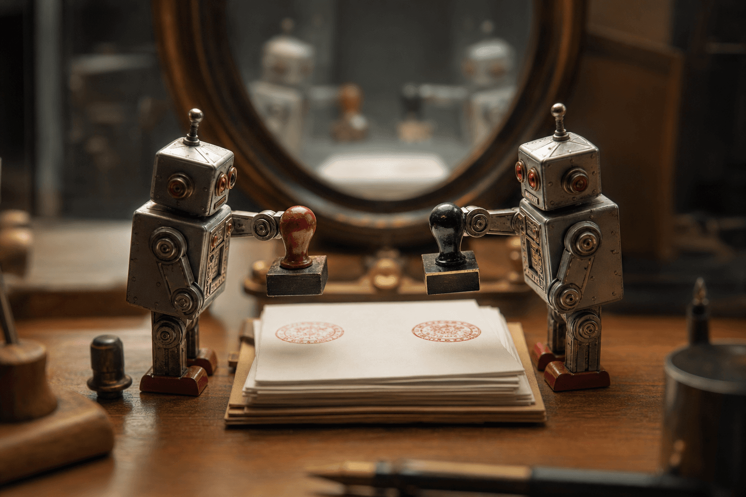 Two tiny tin robots on a desk stamping approval on each other's paperwork, with a mirror hinting at infinite repetition.