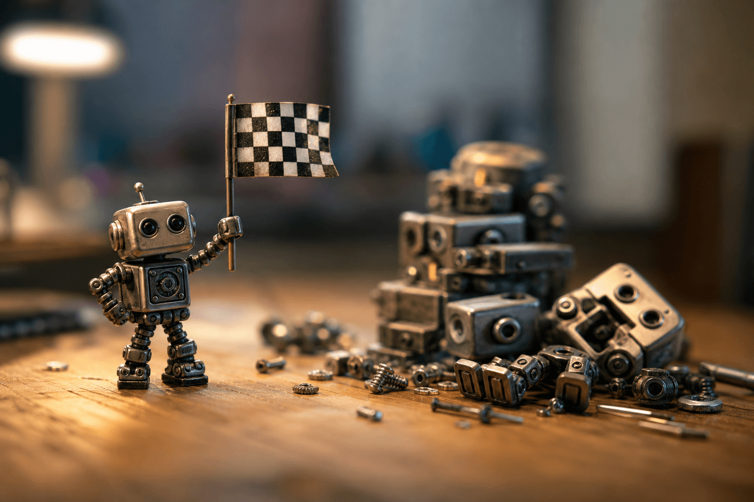 A tiny toy robot proudly waving a flag while a pile of unfinished parts and a half-built robot sit ignored behind it.