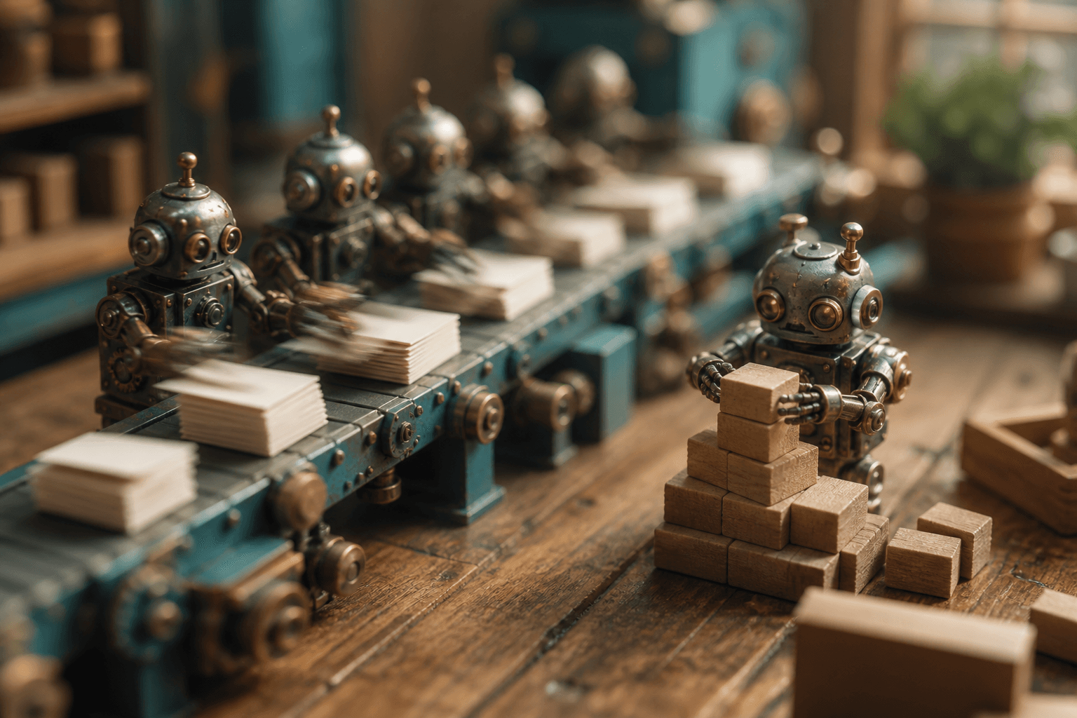 Tiny brass robots speed-producing paper stacks on a conveyor while one robot slowly stacks wooden blocks
