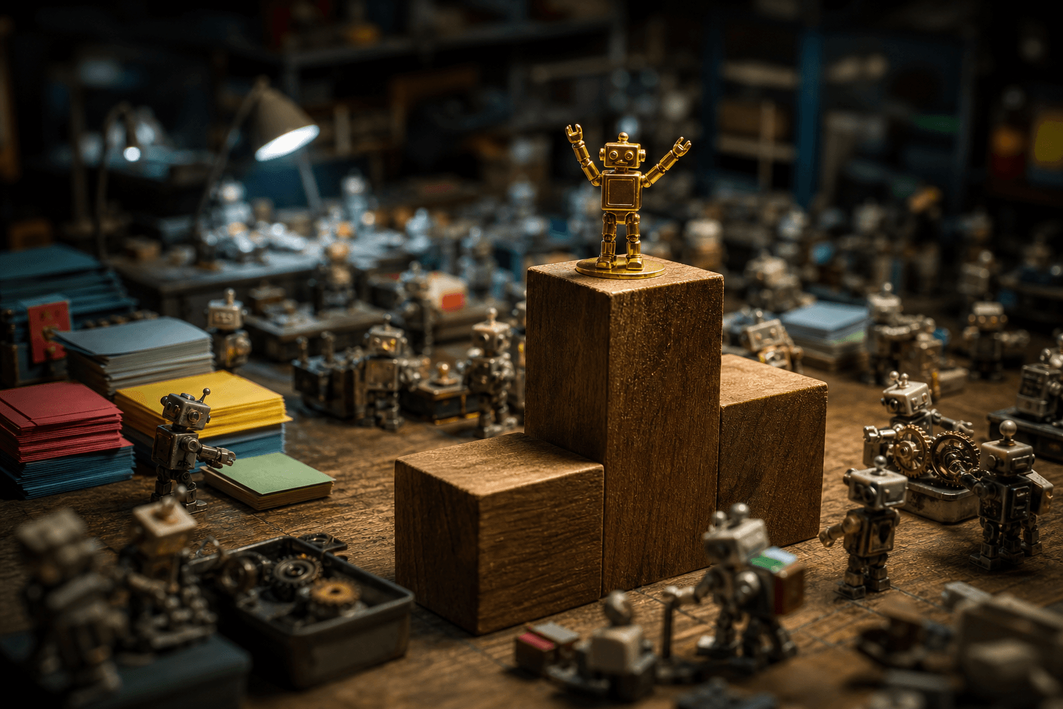 A tiny gold robot on a wooden winners' podium while other small robots do real work on a cluttered workbench behind it.