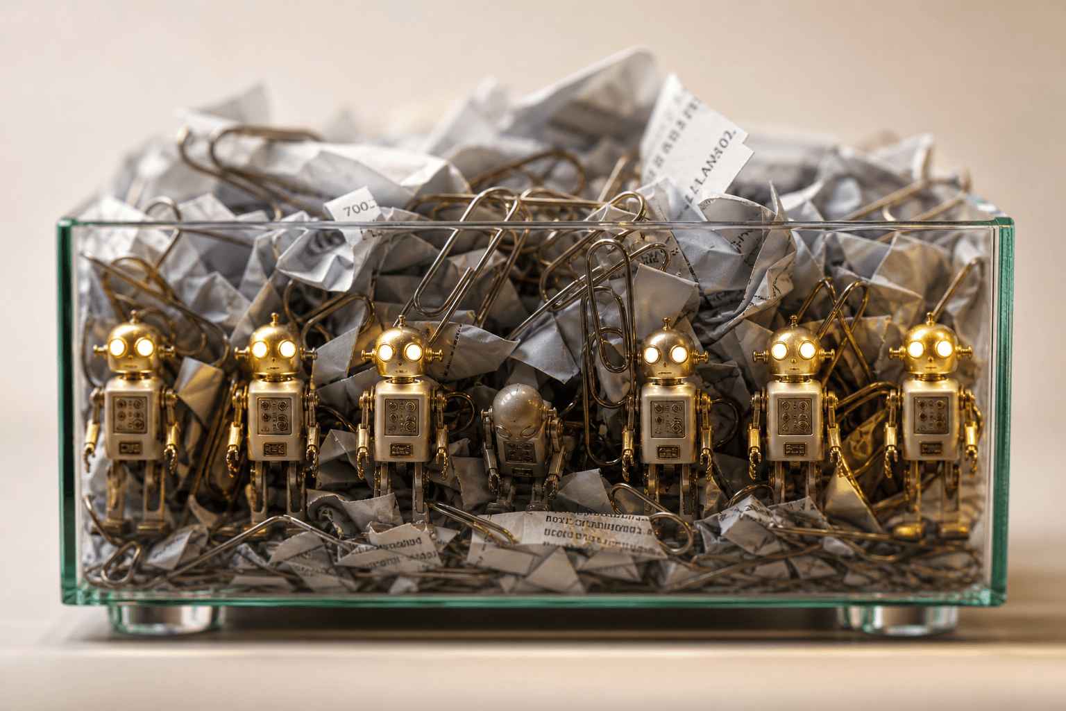 Tiny toy robots inside a glass box stuffed with paper; the one in the crowded middle slumps while edge robots glow.