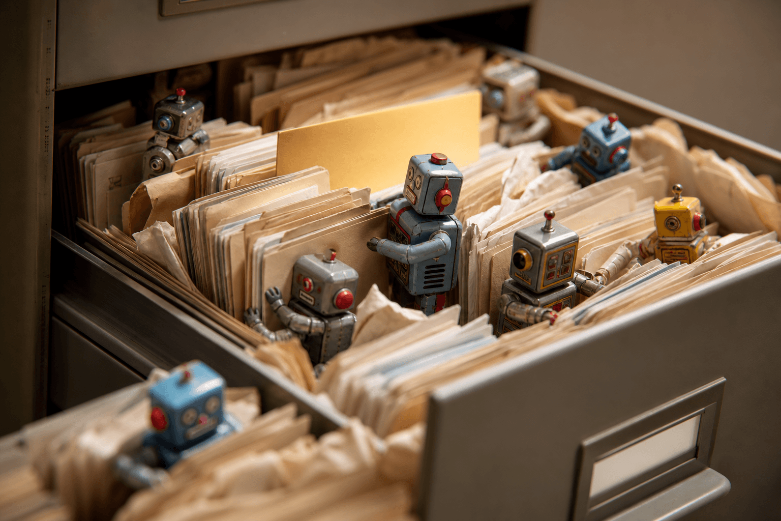 Tiny tin-toy robots crowded inside an overstuffed file drawer, digging through too many paper folders to reach one card.