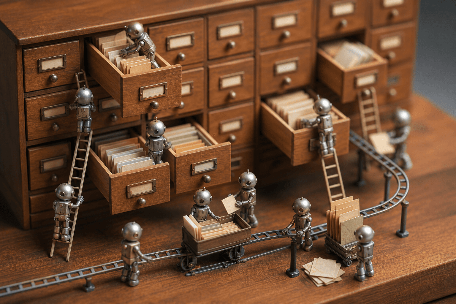Tiny metal robots sorting paper envelopes into the open drawers of a wooden card-catalog cabinet.