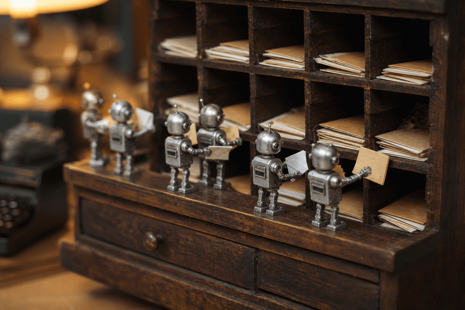 Tiny metal robots sorting miniature paper letters into the pigeonholes of an old wooden mail cabinet under warm lampligh