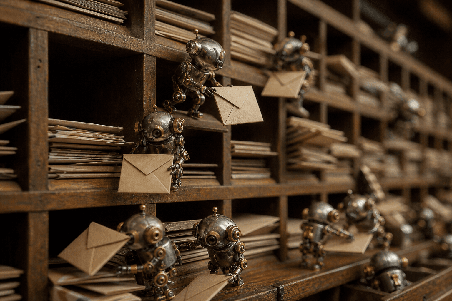 Tiny chrome robots sorting paper envelopes across a wooden mail cubby wall, one hesitating at a slot