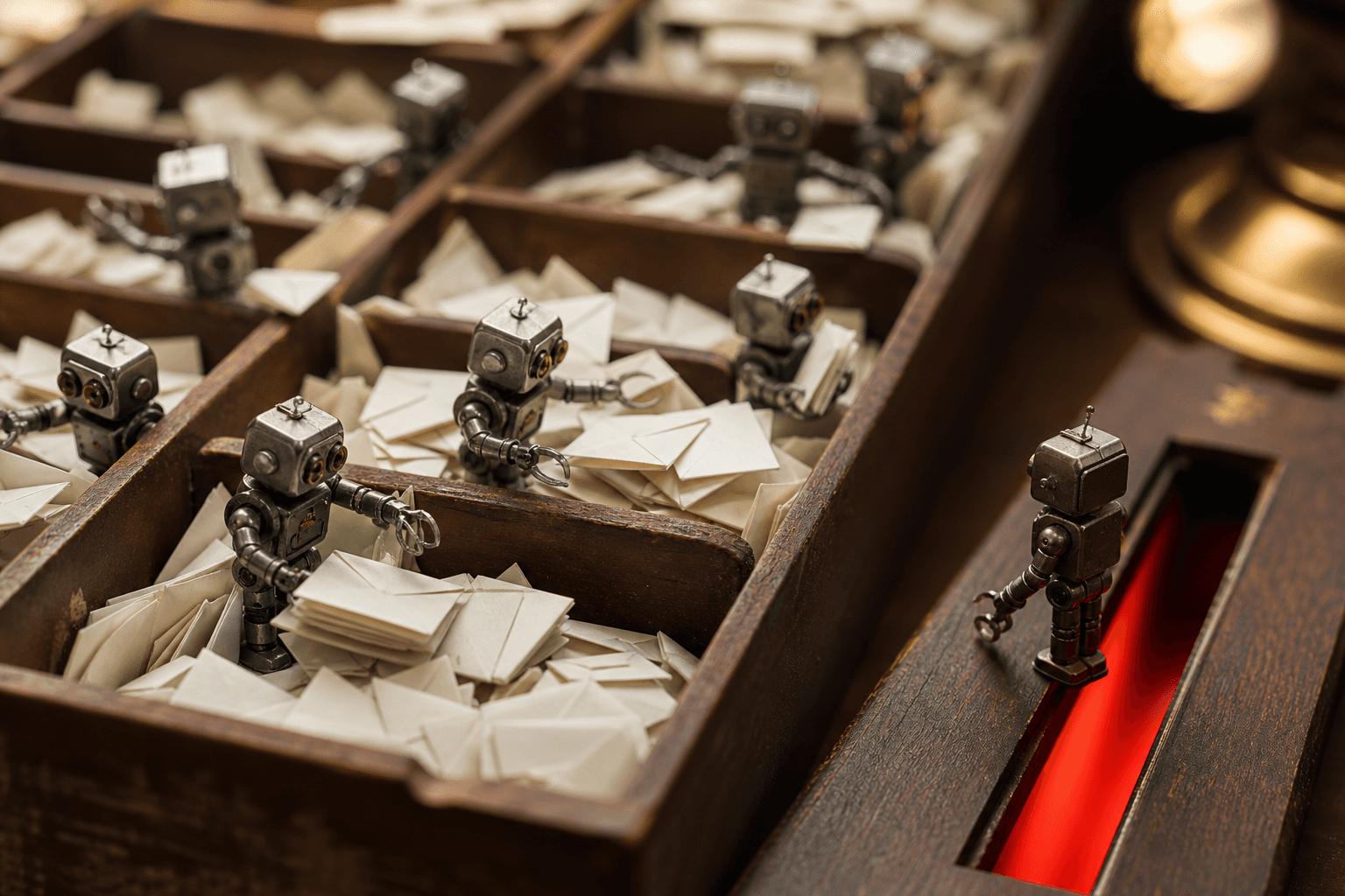 Tiny metallic robots sorting folded paper envelopes in a wooden inbox tray, one hesitating at a glowing slot