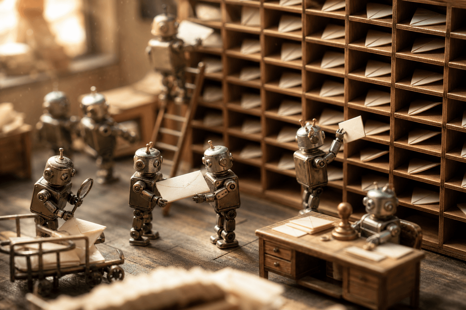 Tiny retro tin robots sorting blank envelopes into a miniature wooden mailroom of pigeonhole slots