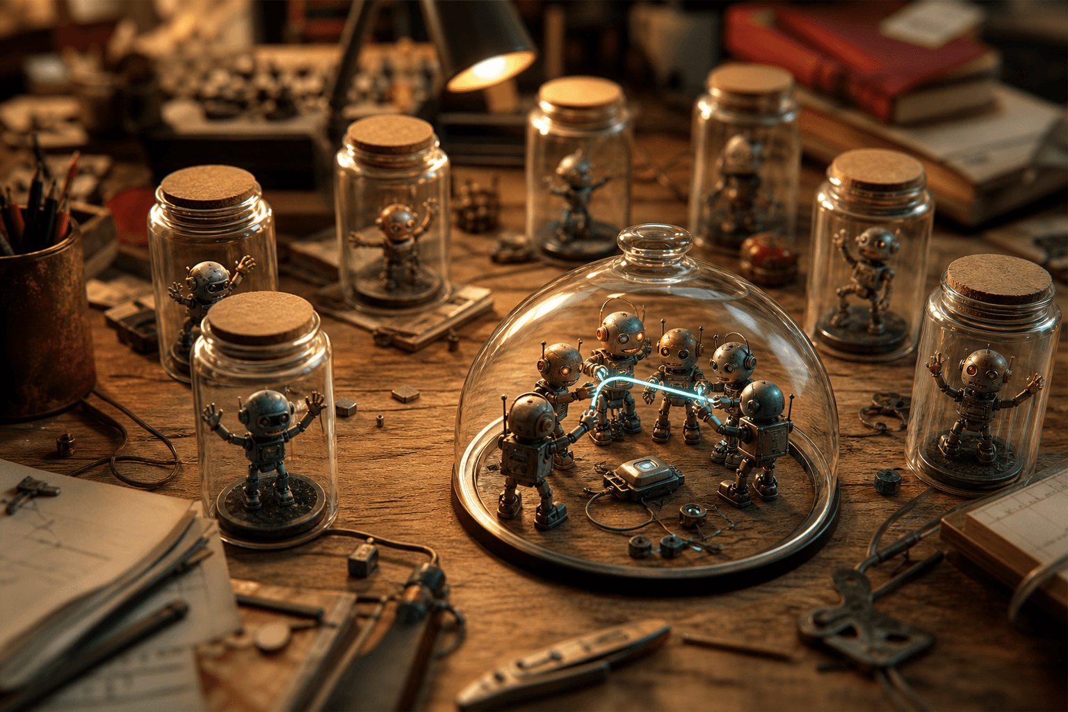 Tiny robots isolated in separate glass jars beside a group of robots united under one dome sharing a glowing cable