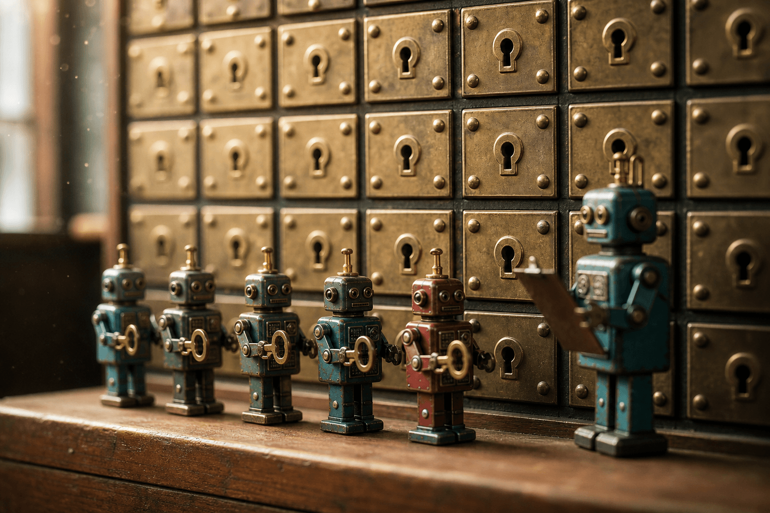Tiny tin robots each holding one brass key, lined up before a wall of small safe-deposit boxes.