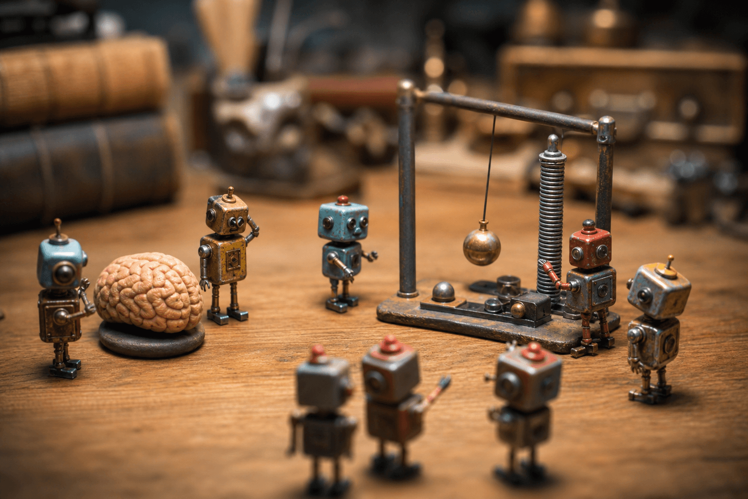 Tiny tin robots on a desk clustered around a clay brain model and a small pendulum, looking puzzled