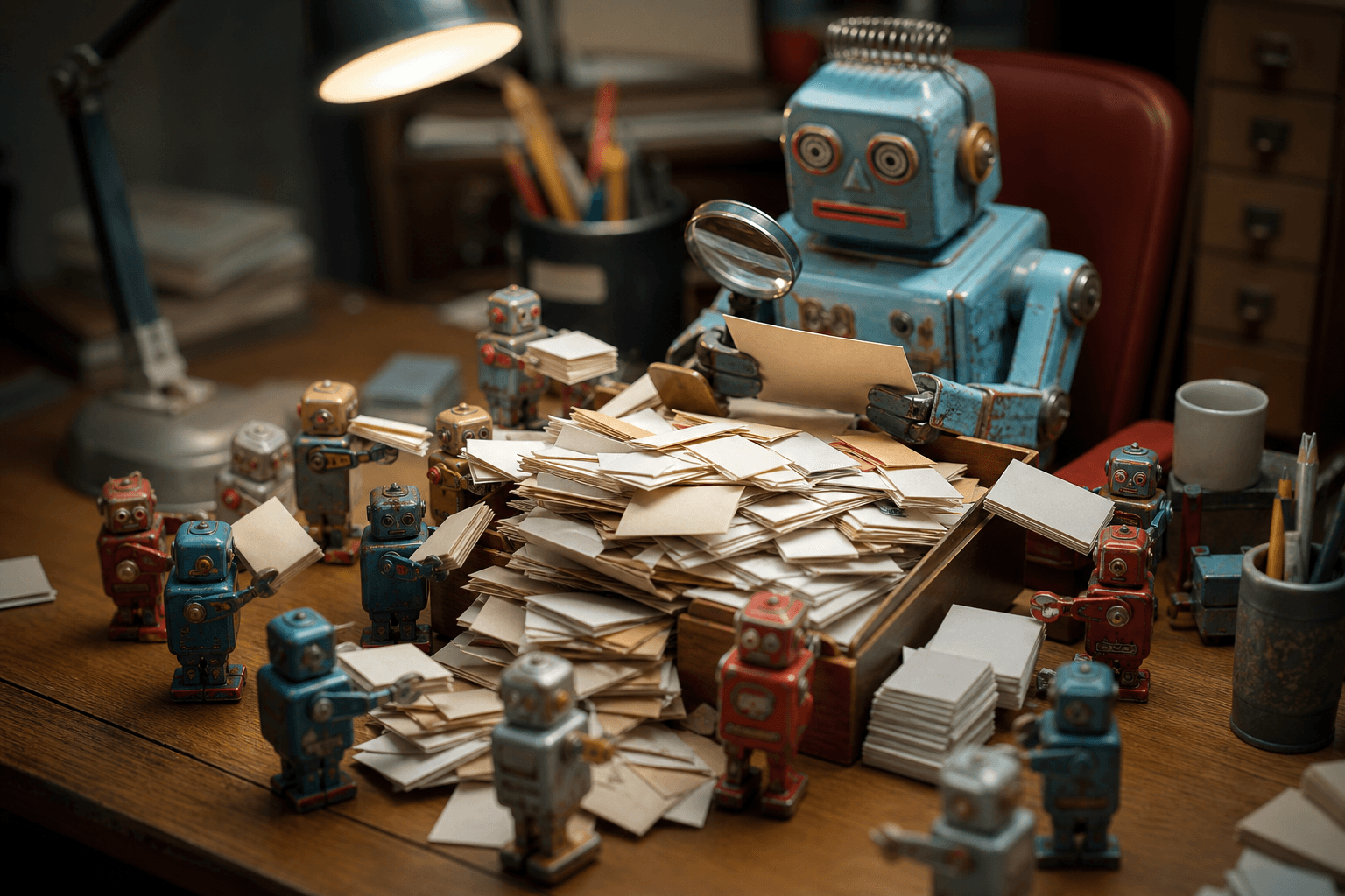 Tiny tin robots dumping paper documents into an overflowing desk tray while a weary robot inspects one with a magnifying