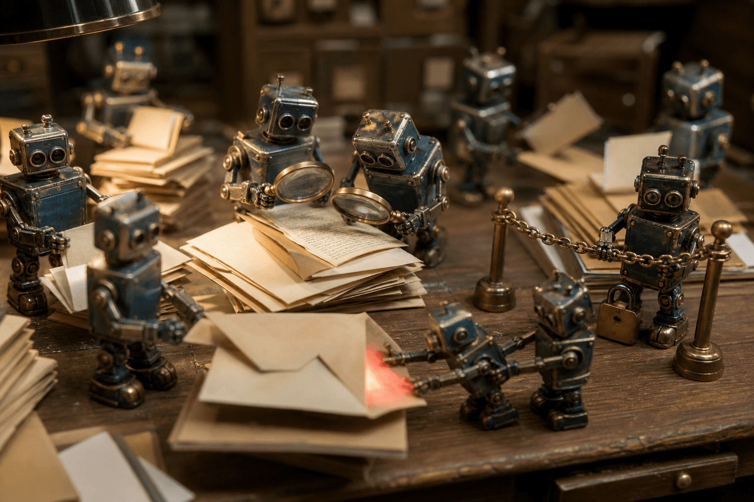 Tiny brass robots on a desk inspecting envelopes with a magnifying glass while others guard a padlocked folder stack